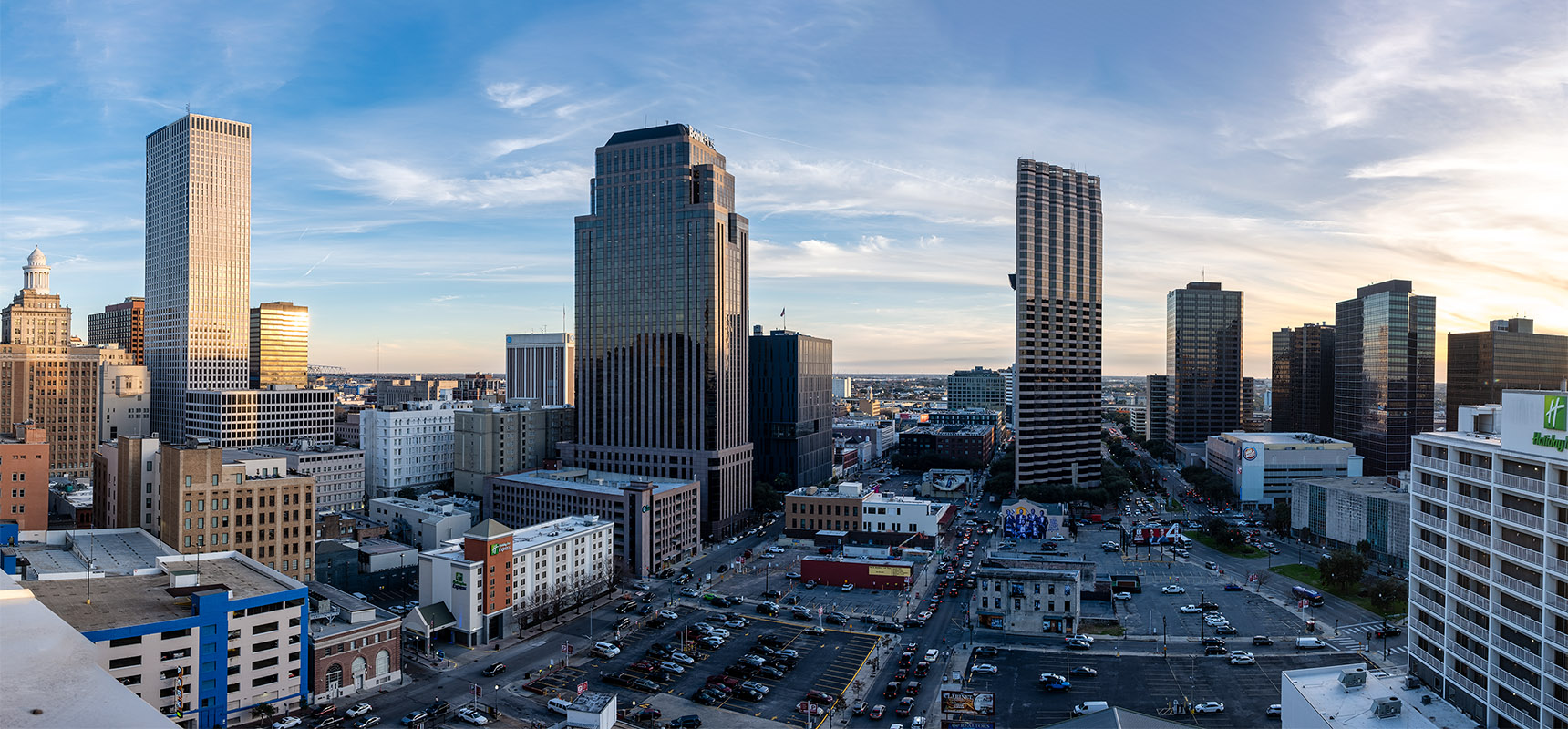 Panorama looking south from the rooftop terrace of our hotel on Gravier Street