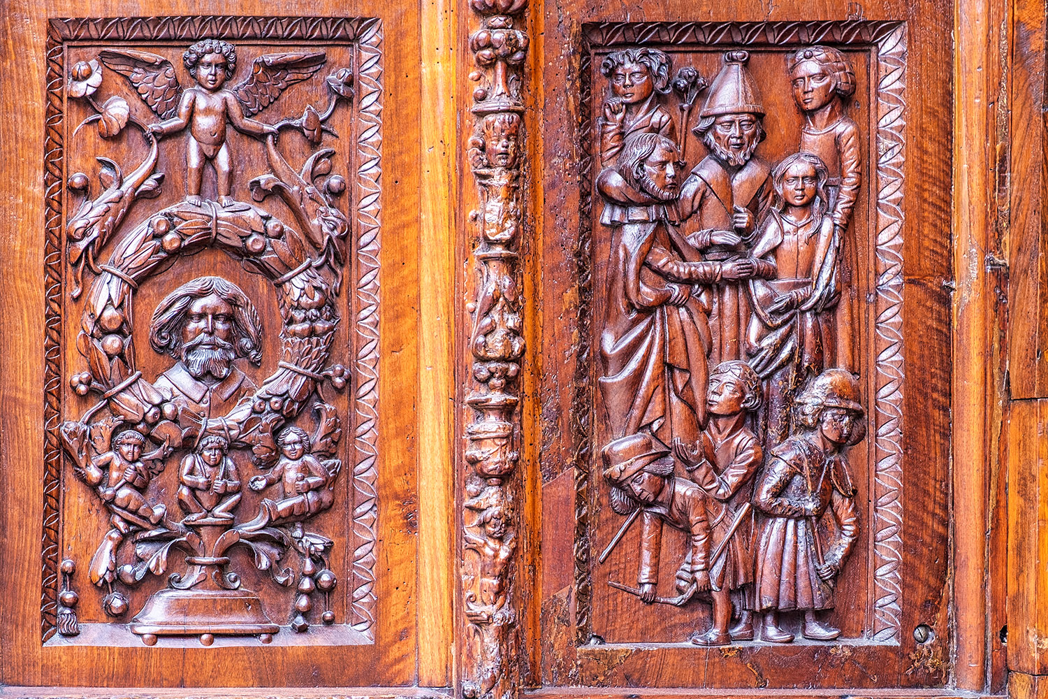 Closeup of two panels of the carved church doors (1 on the map)