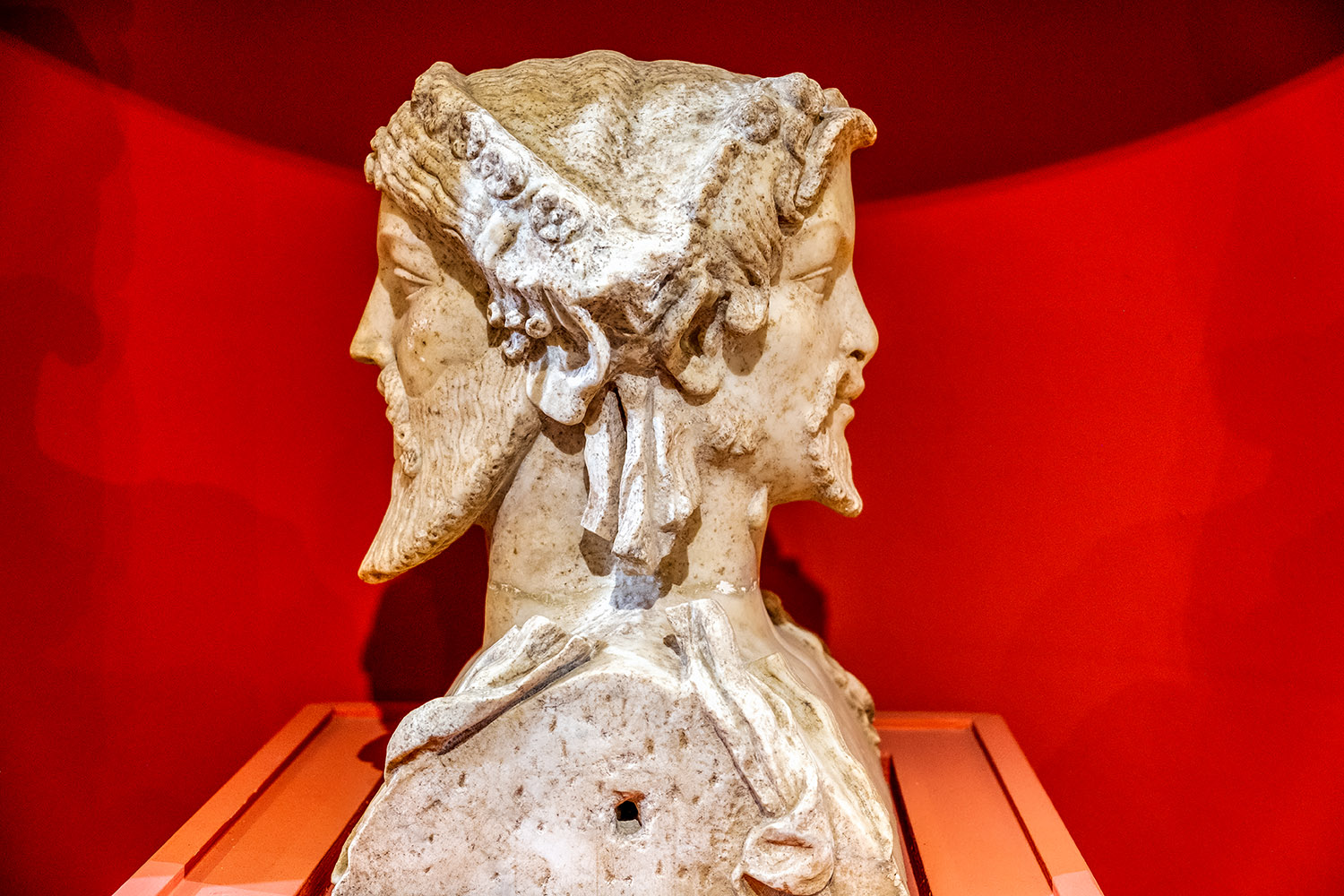 A white marble bust of a two-headed Hermes