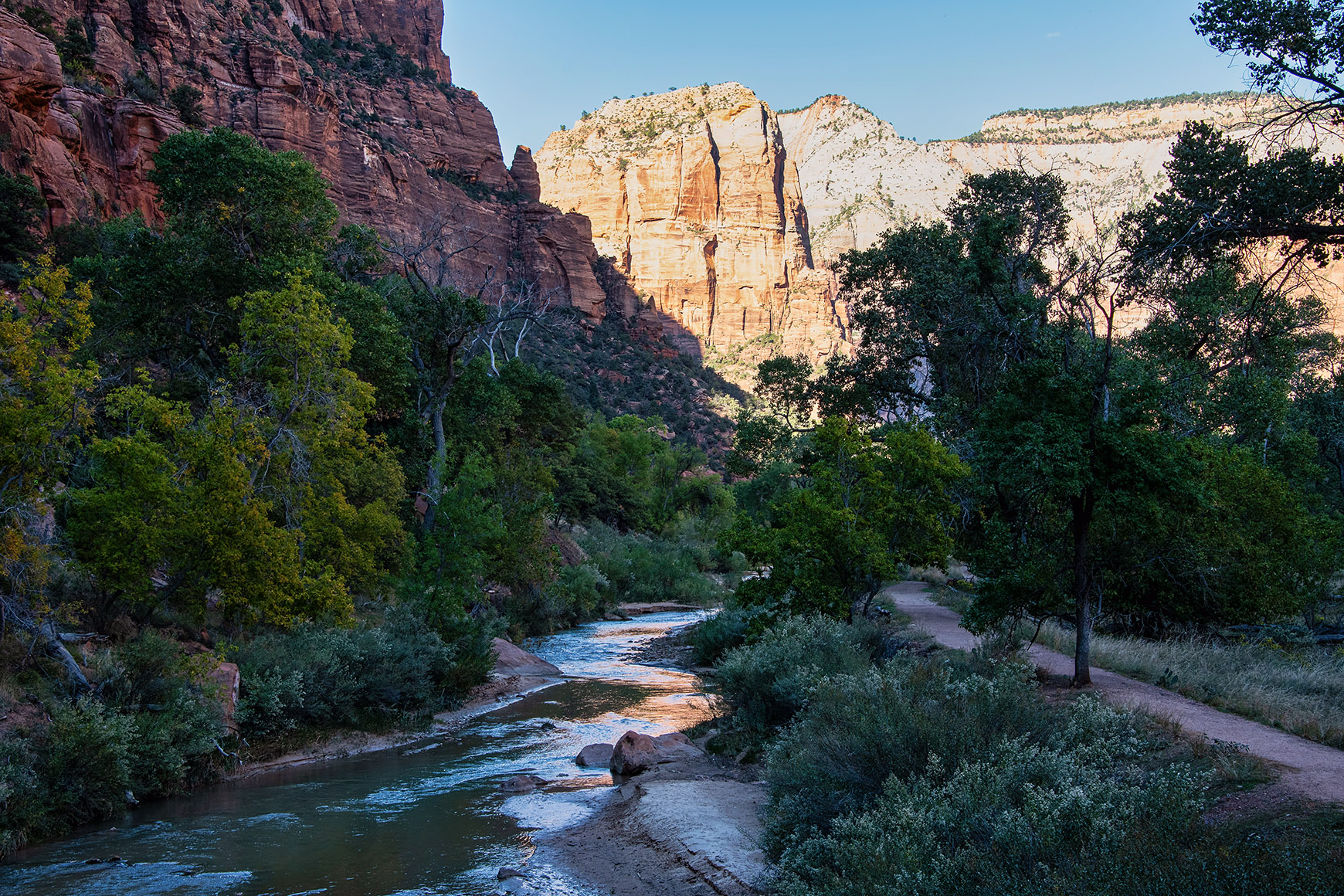After processing, Virgin River in Zion Canyon, Utah, USA