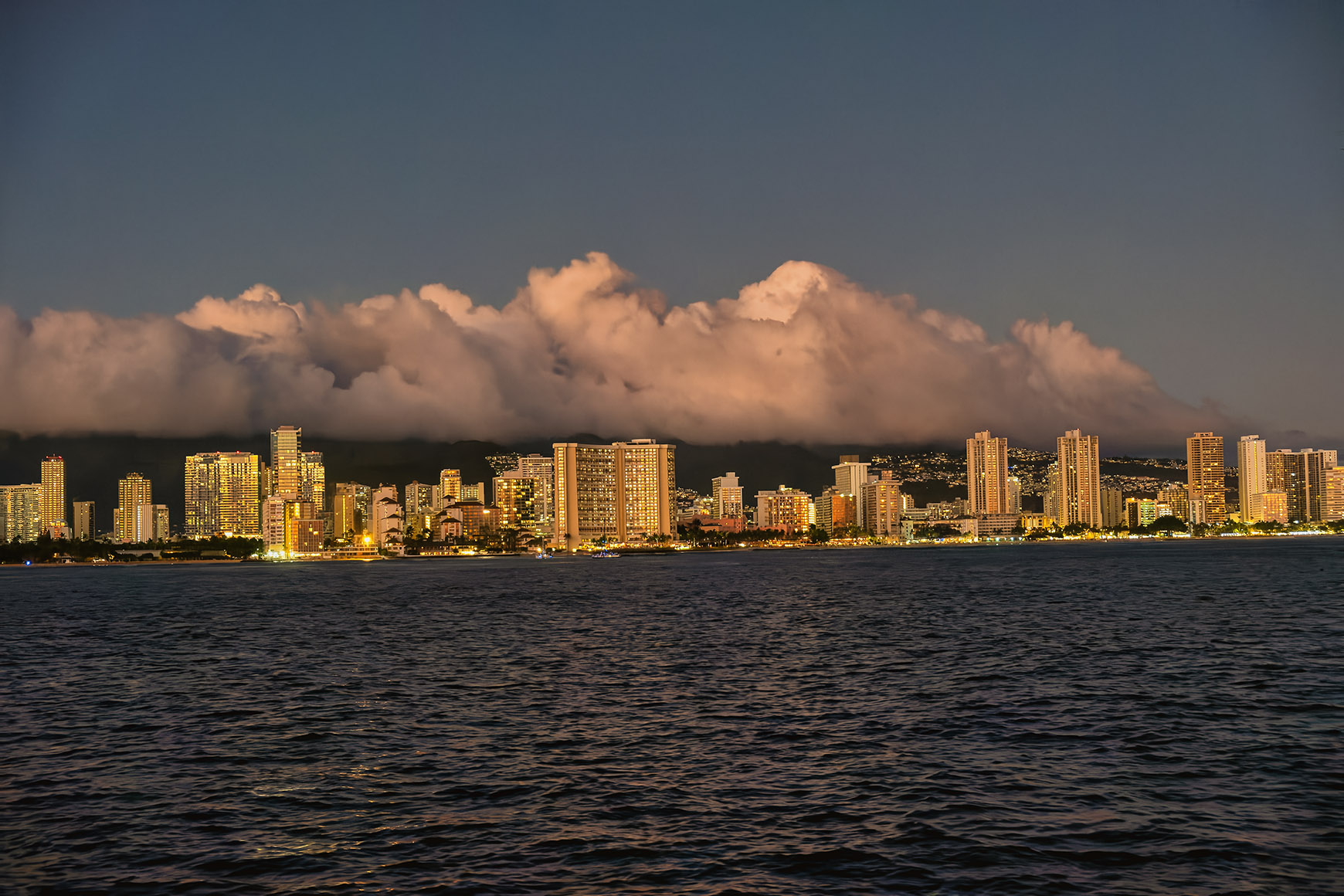 After processing, View of Honolulu during a sunset cruise, Hawaii, USA