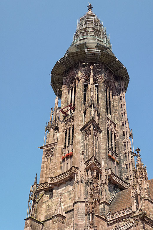 The top of the cathedral's single spire is being repaired