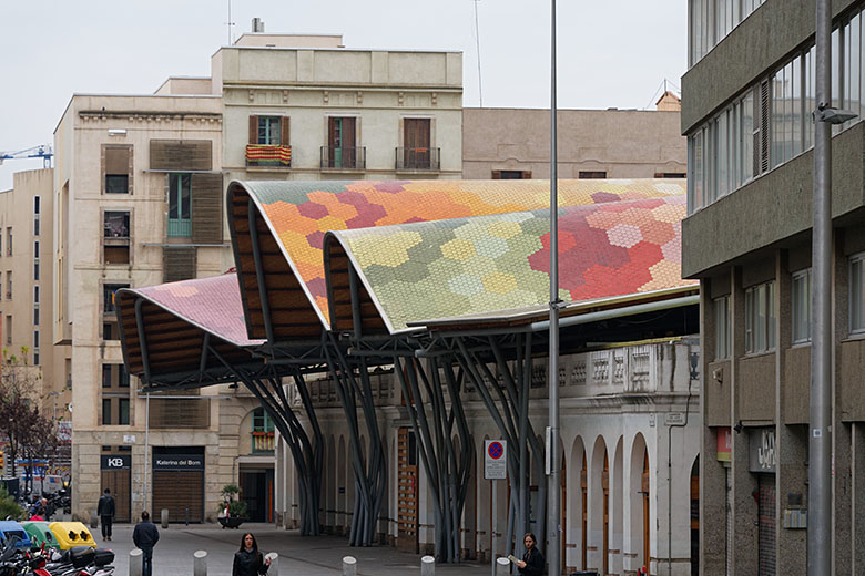 The colorful tile roof of the Santa Caterina Market