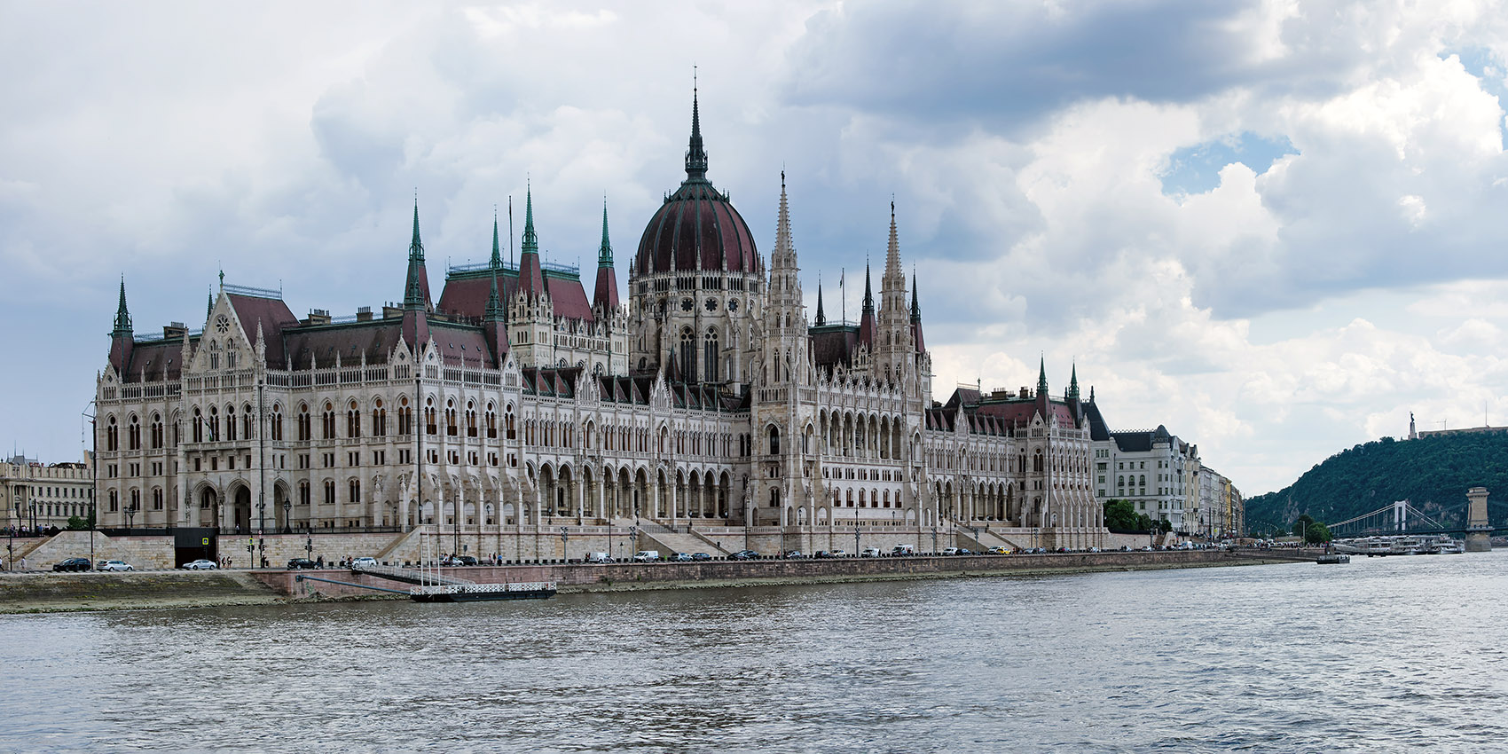 Looking downstream to the Hungarian Parliament Building on the Pest side of the Danube