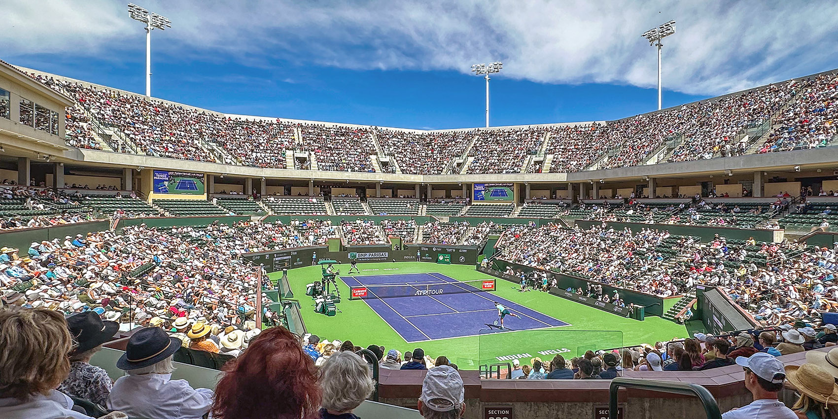 The (18mm wide-angle!) view from our wonderful seats at the 2024 BNP Paribas Indian Wells Open