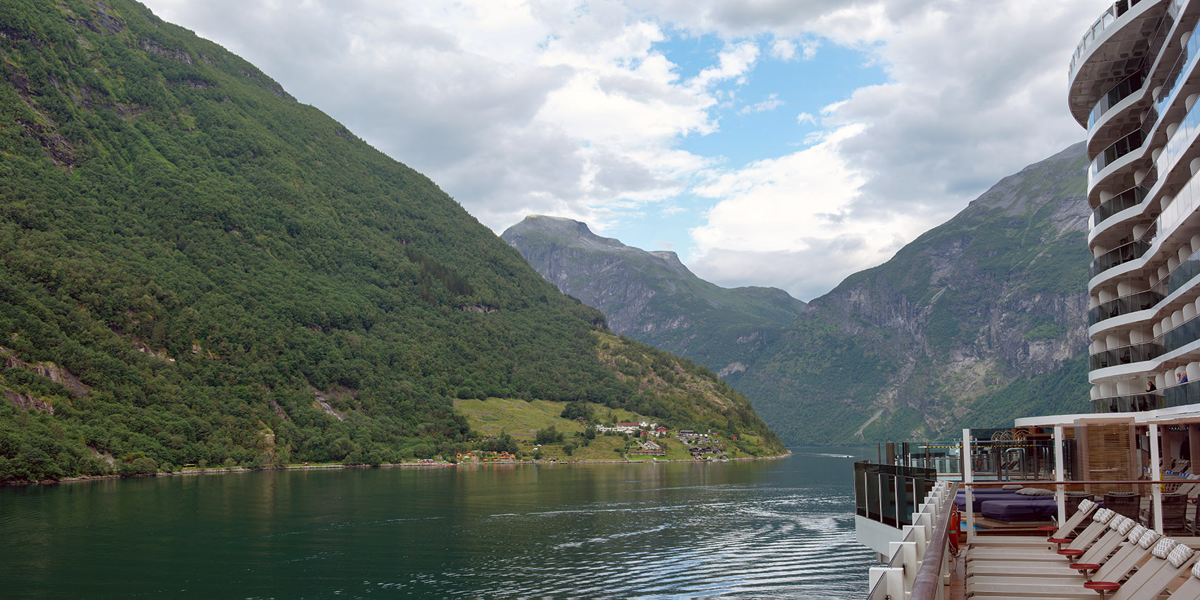 The Norwegian Prima in Geirangerfjord; we are looking northwest from where we came