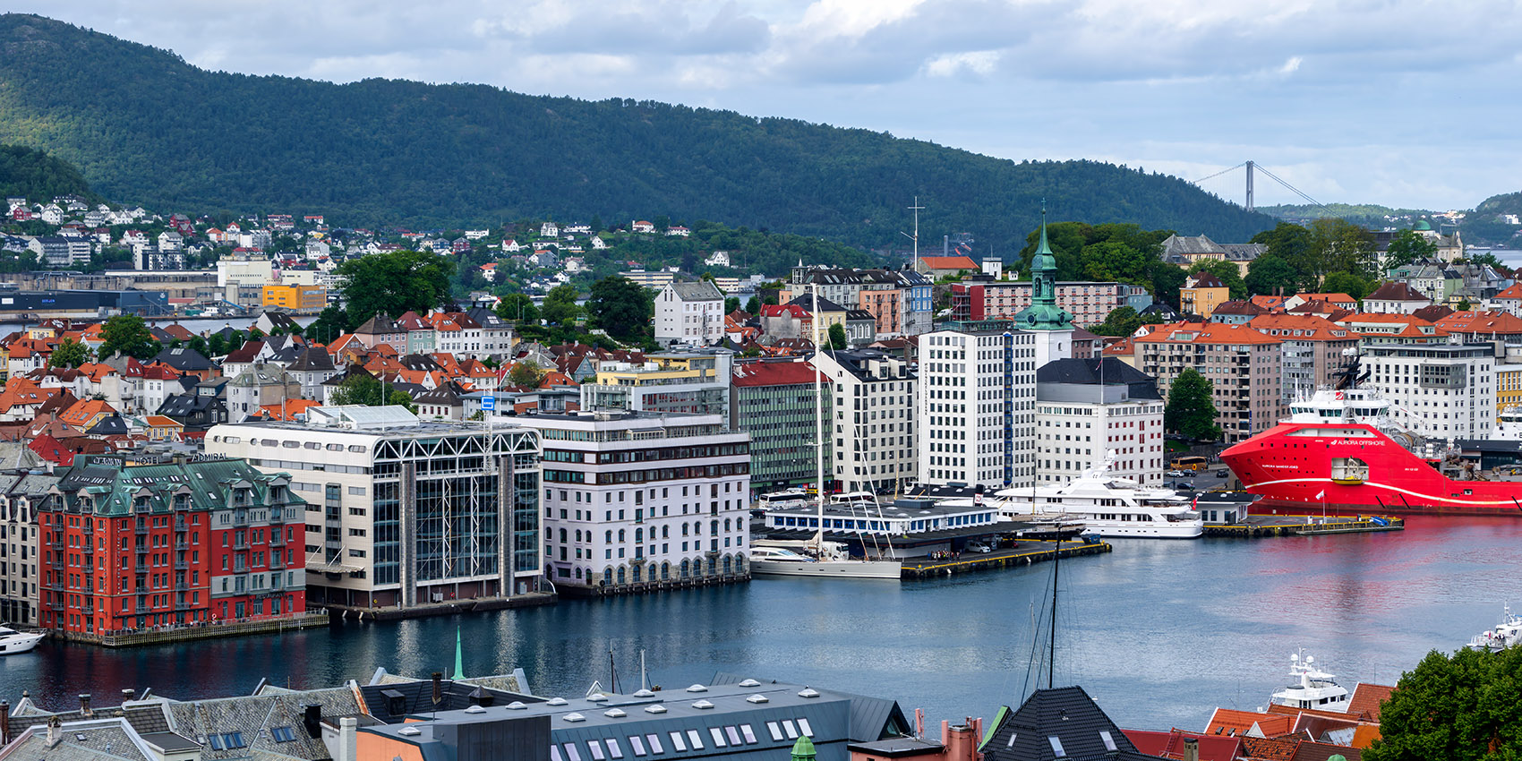 Looking down at Vågen, the bay that forms the central harbor of Berge