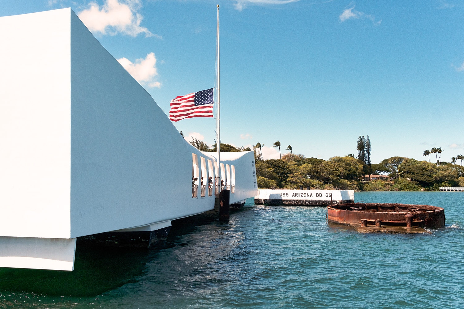 The Arizona Memorial. The flag was at half-mast to honor Colin Powell who had died that day.