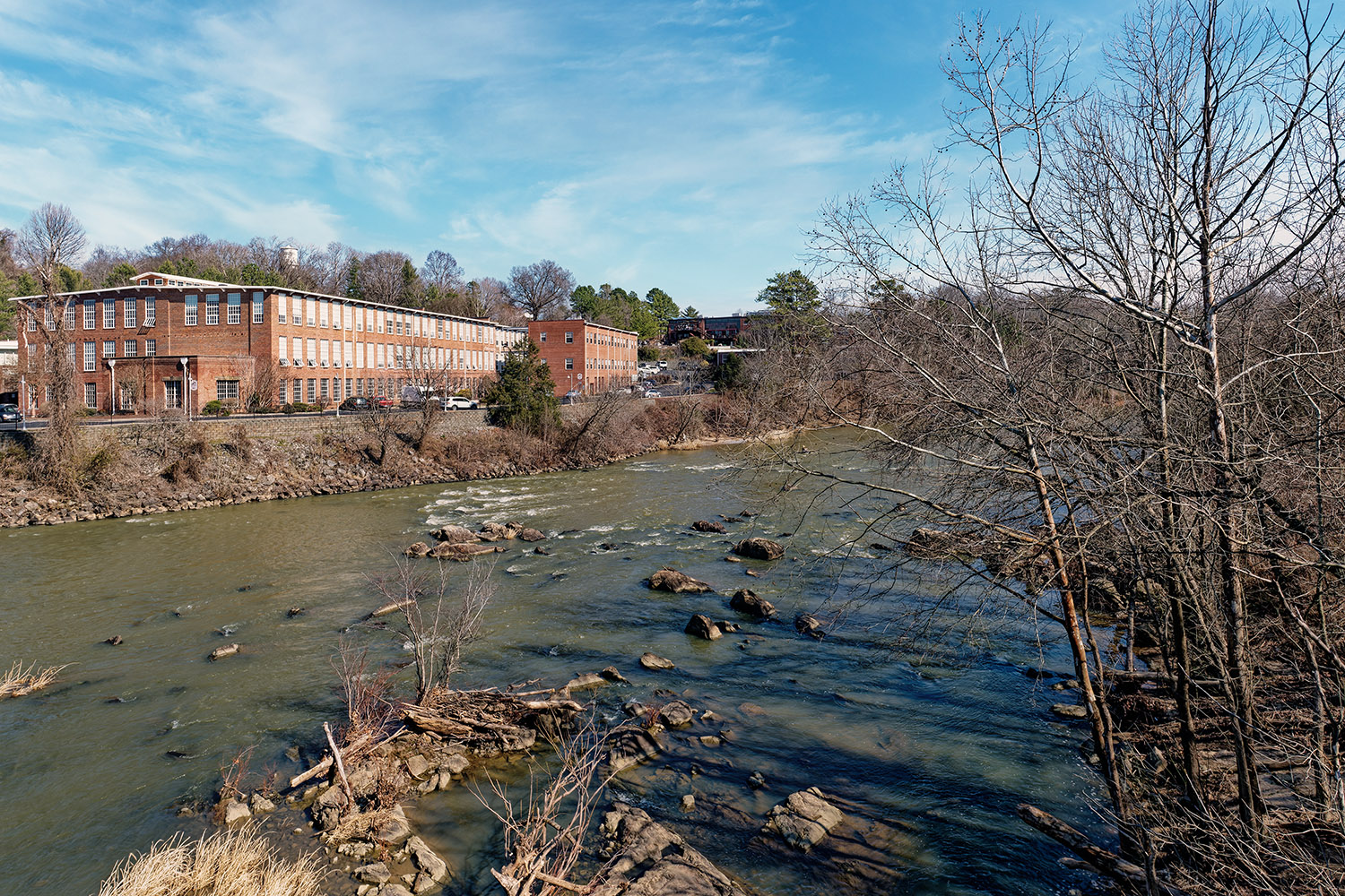 Looking across the Haw River to the former Saxapahaw Spinning Mill