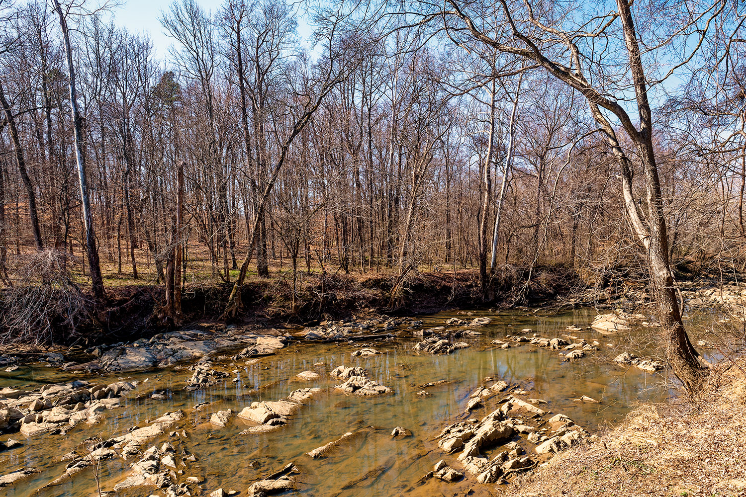 Following the south shore of the Saxapahaw Island Park westward