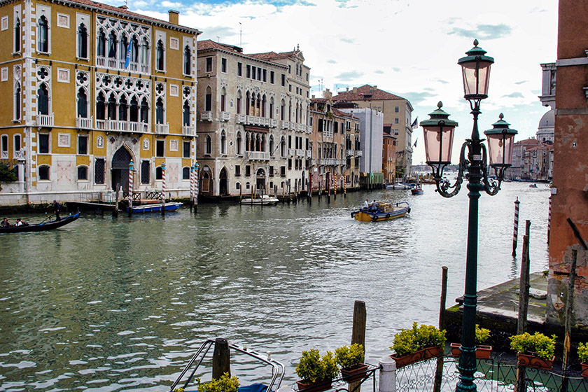 Canal view with the iconic Venetian street lamps